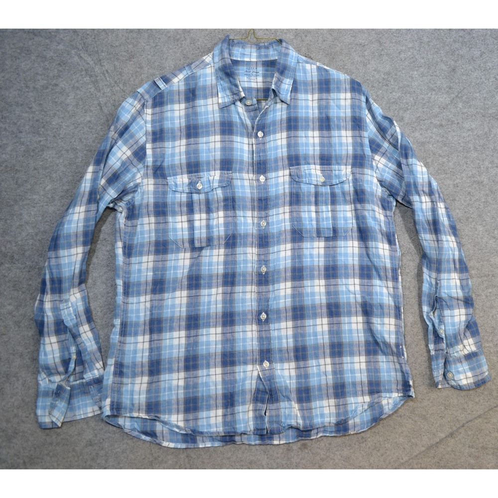 J.Crew Baird McNutt Shirt Mens L Blue Irish Linen Plaid Button Up Long Sleeve